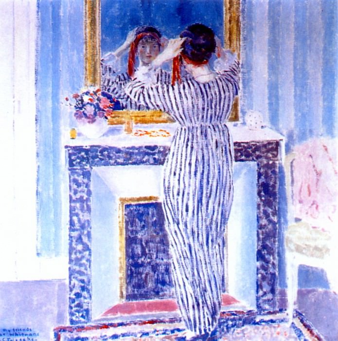 blue interior, giverny (the red ribbon) c1912-13. Frederick Carl Frieseke