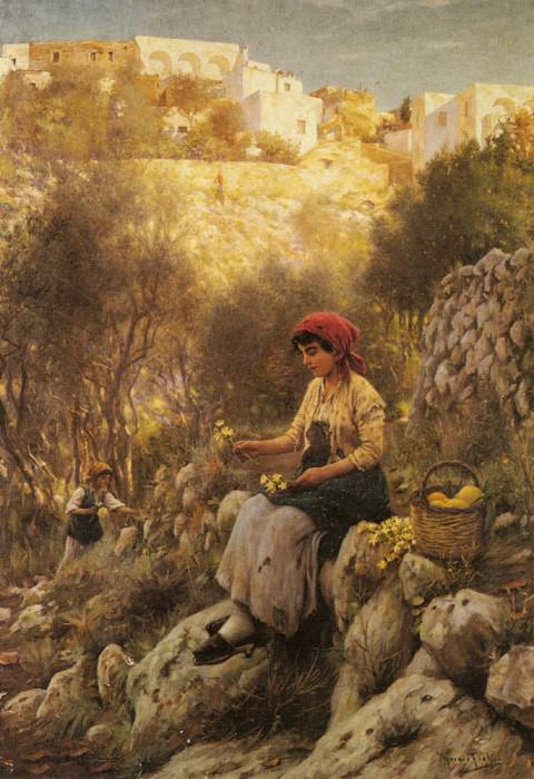 Fisher Horace Young Girls Picking Flowers. Horace Fisher