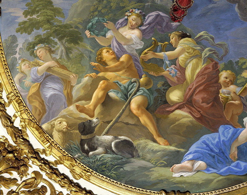 Ceiling with Hesiod Awakened by the Muses; detail of Muses with wreath and lyre. Antonio Domenico Gabbiani