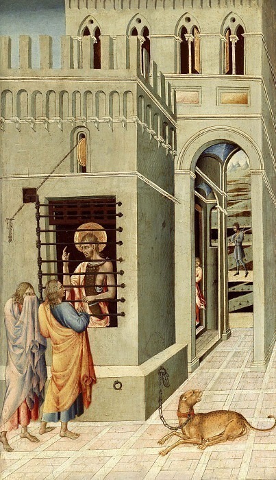 Saint John the Baptist in Prison Visited by Two Disciples. Giovanni di Paolo