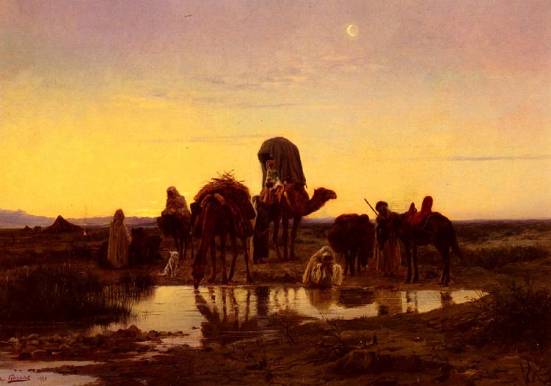 Верблюжий караван у оазиса на рассвете. Эжен Алексис Жирарде