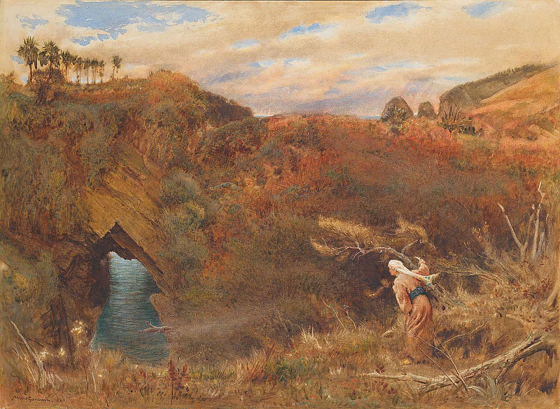 Prince Camaralzaman watching the robber of the Talisman. Albert Goodwin