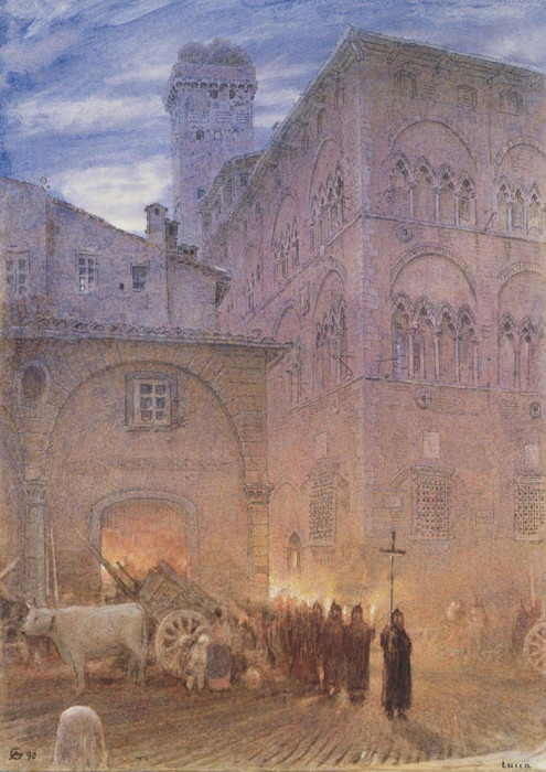 Lucca; Tuscany; religious processsion; cart; cow;. Albert Goodwin