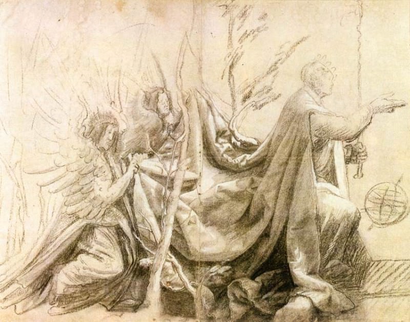 Коленопреклоненный король с двумя ангелами, несущими шлейф мантии. Маттиас Грюневальд