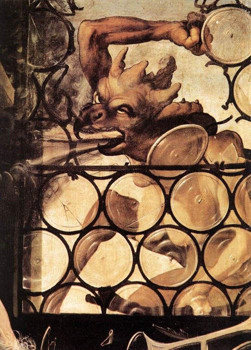 Изенгеймский алтарь. Левая створка, панель Св. Антоний, фрагмент - Сатана, разбивающий стеклянное окно. Маттиас Грюневальд