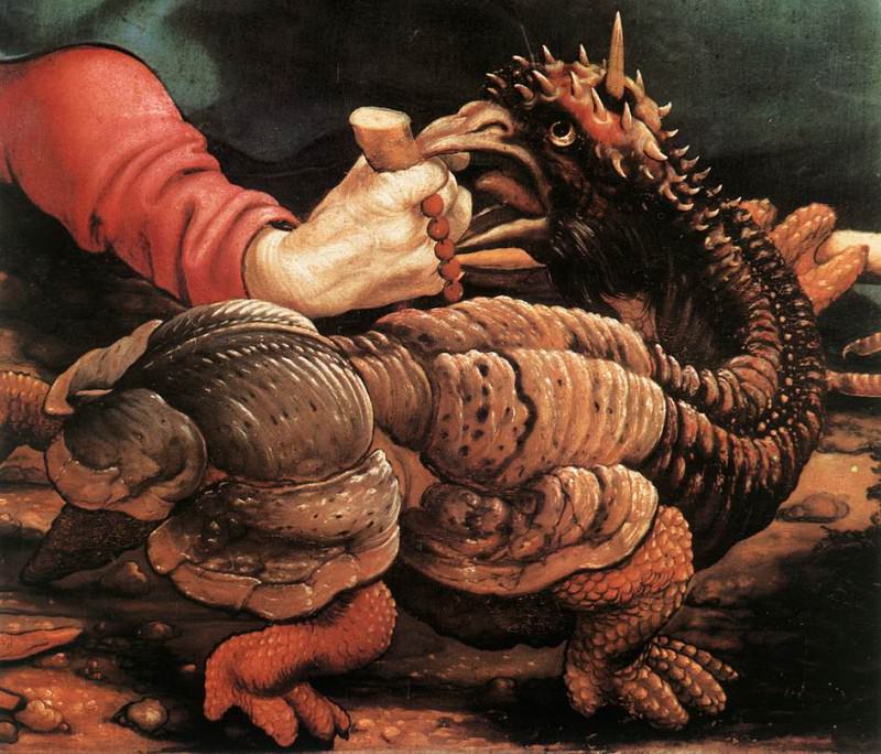 Изенгеймский алтарь. Искушение Св. Антония, фрагмент - Сатана, принявший вид зверя. Маттиас Грюневальд