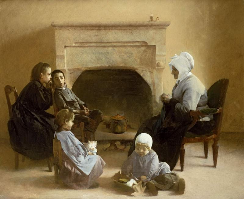 Family seated around a hearth. Henry Jules Jean Geoffroy