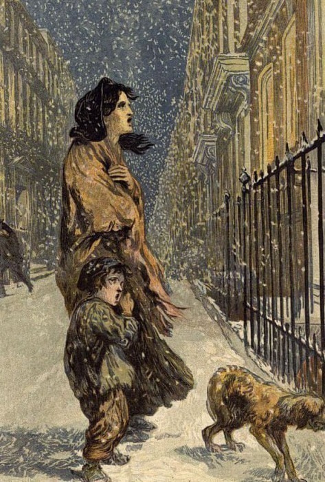 Бездомные бедняки, мать и ребенок с собакой в ​​снегу хромолито. Джон Гилберт