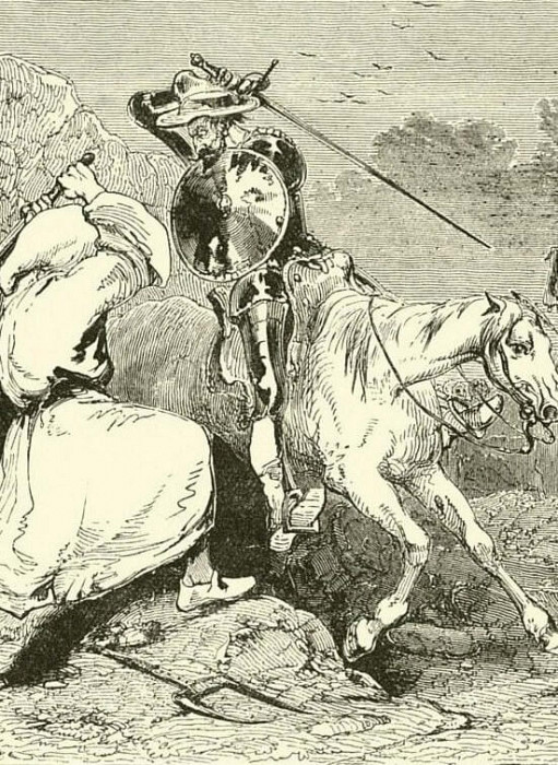 Don Quixote attacked by the bearer. John Gilbert
