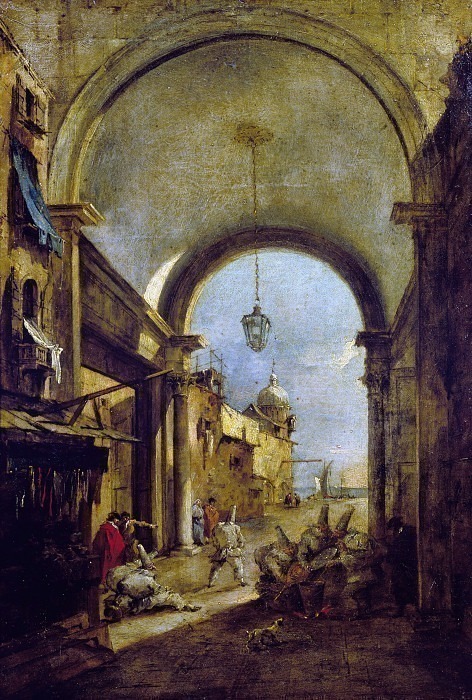 Capriccio with porch and Pulcinella masks. Francesco Guardi
