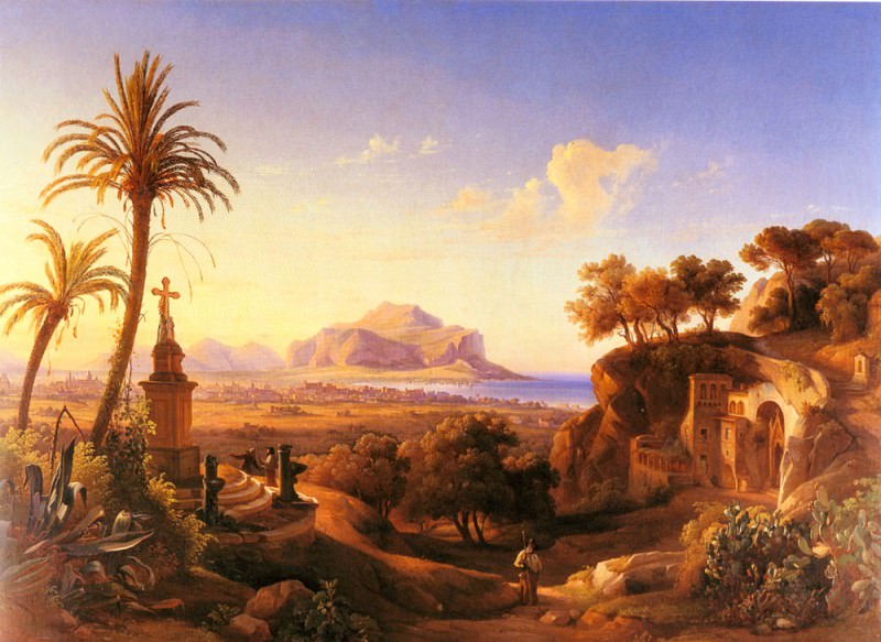 Figures Before A Shrine With A View Of Palermo Beyond. Johann George Gmelin