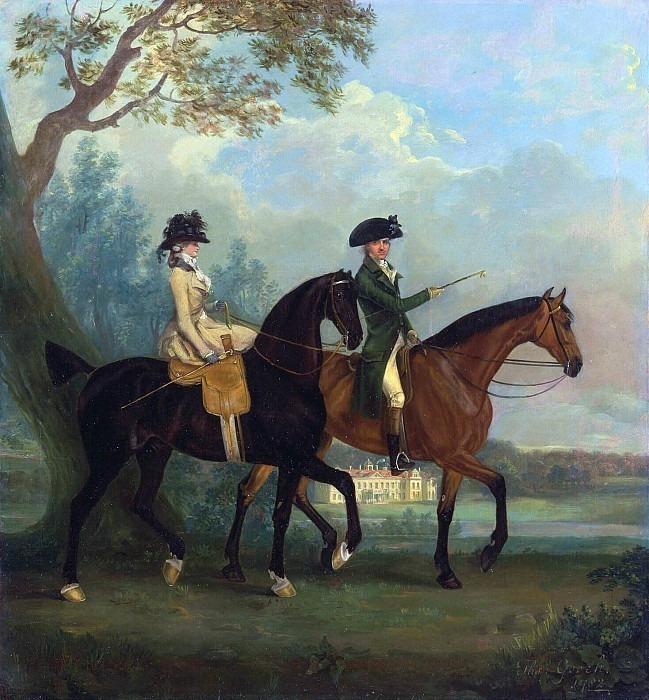 Марсия Питт и ее брат Джордж Питт, позже второй барон Риверс, верхом в парке в Стратфилде