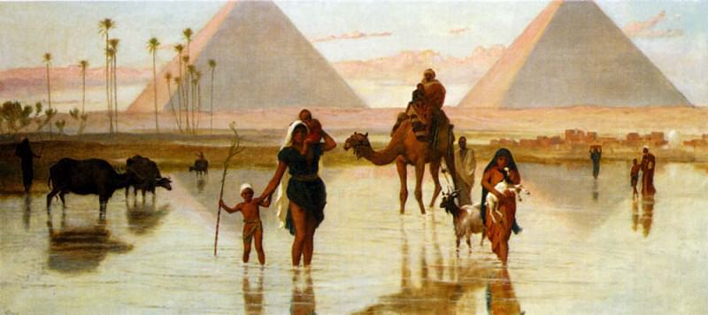 arabs crossing a flooded field by the pyramids. Frederick Goodall