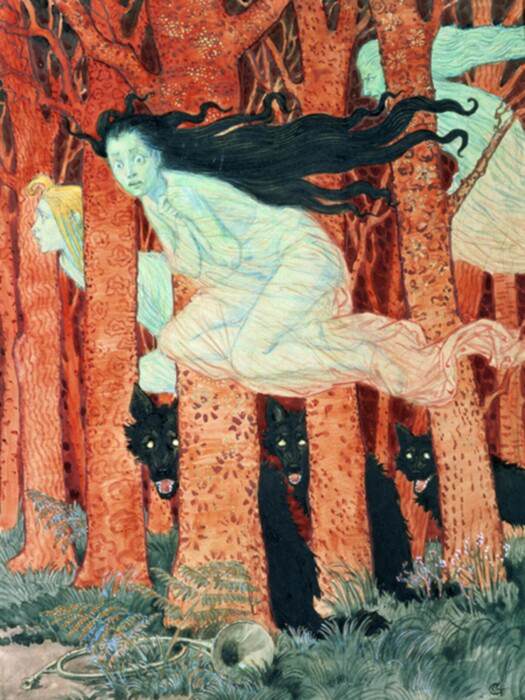 Three Women and Three Wolves. Eugene Grasset