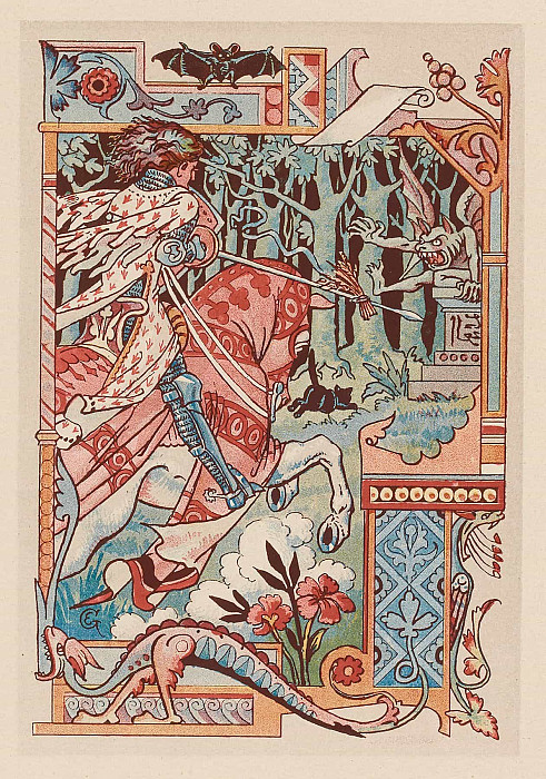 Knight on his horse pointing his lance at an imp; Chevalier sur son cheval pointant sa lance contre un diablotin. Eugene Grasset