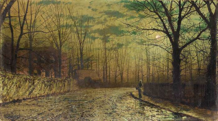 Figure on a moonlit lane. John Atkinson Grimshaw