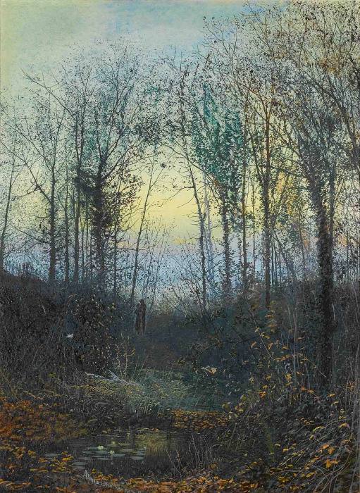 Wooded valley probably Bolton Woods Lovers in a woodland clearing a pair. John Atkinson Grimshaw