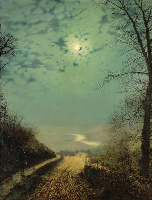 A WET ROAD BY MOONLIGHT, WHARFEDALE. John Atkinson Grimshaw