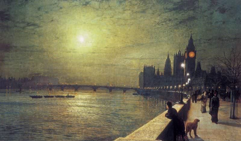 Reflections-on-the-Thames,-Westminster. John Atkinson Grimshaw