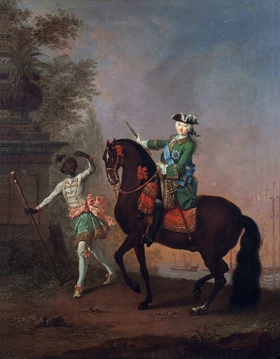 Portrait of Elizaveta Petrovna on horseback with little arapchon. Georg Cristoph Grooth