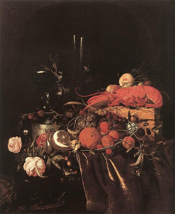 Натюрморт с фруктами, цветами, бокалами и омаром. Ян Давидс де Хем