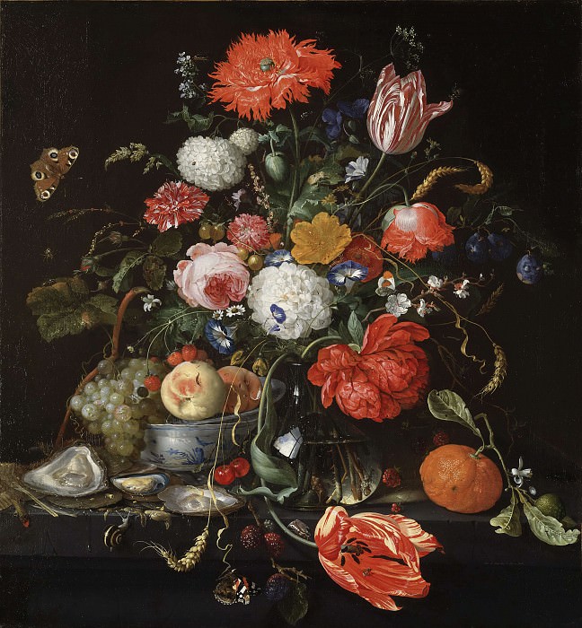 Цветочный натюрморт с миской фруктов и устриц. Ян Давидс де Хем