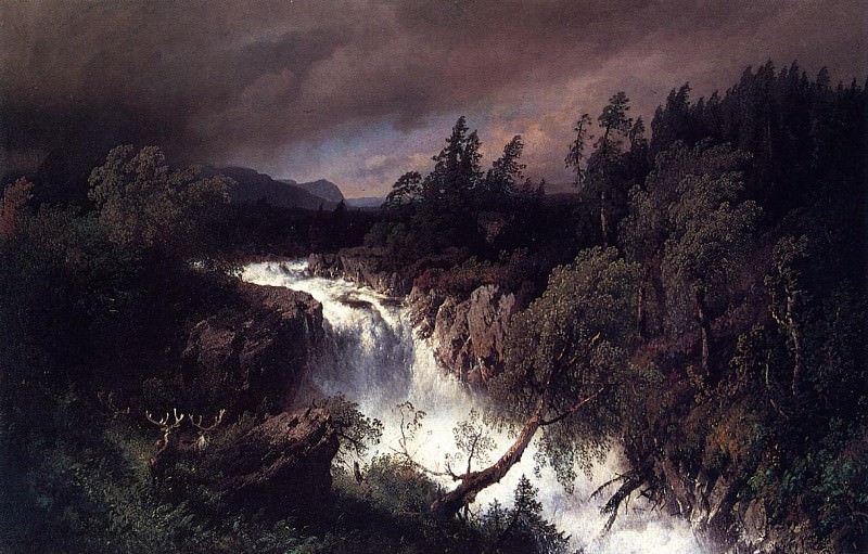 Mountain Landscape and Waterfall. Herman Herzog