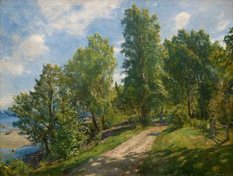 Birch trees and road Aasgaardstrand. Hans Olaf Heyerdahl