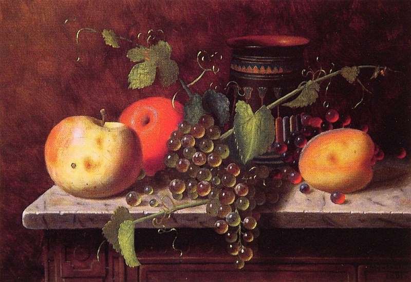 Still life with Fruit and vase. William Michael Harnett