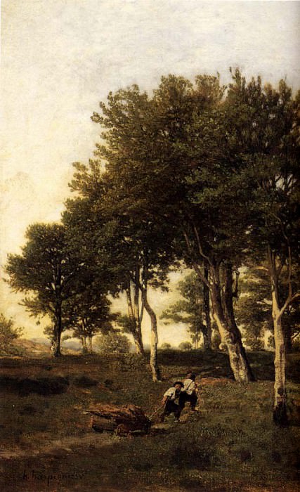 Landscape With Two Boys Carrying Firewood. Henri-Joseph Harpignies