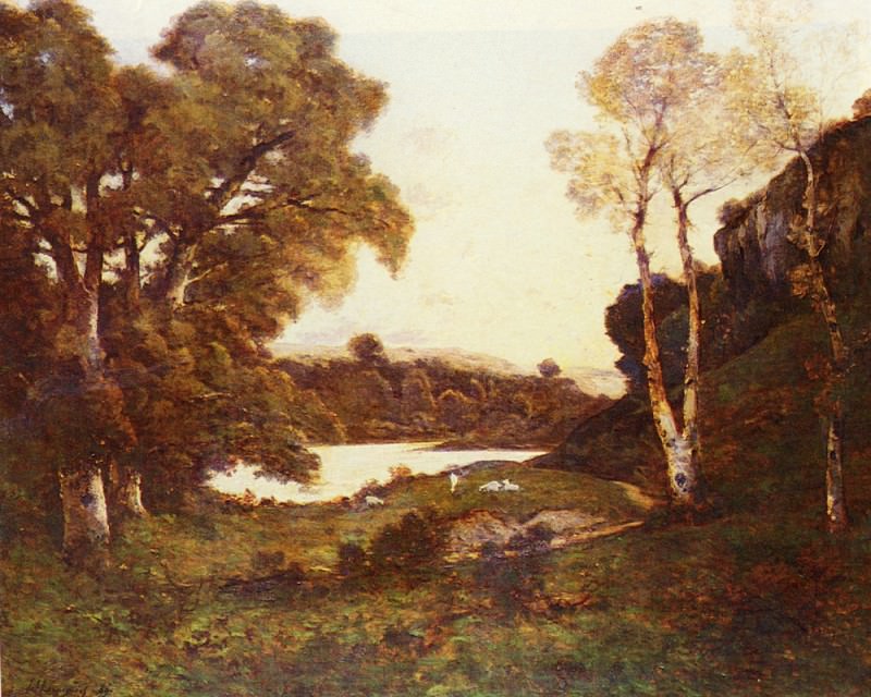Козы, пасущиеся у озера на закате, 1899. Анри Жозеф Арпиньи