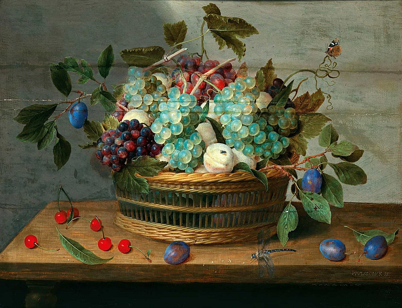 Grapes, peaches, plums and cherries in a wicker basket with dragonfly and butterfly nearby. Jacob Van Hulsdonck