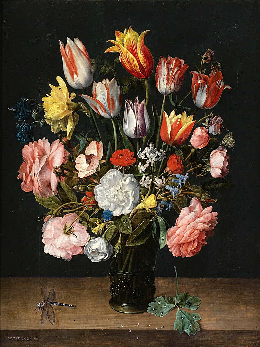A Still Life Of Tulips, Roses, Bluebells, Daffodils, A Peony And Other Flowers In A Glass Roemer On A Wooden Ledge With A Dragonfly. Jacob Van Hulsdonck