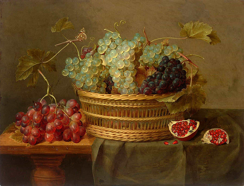 A basket of grapes and a pomegranate on a table. Jacob Van Hulsdonck
