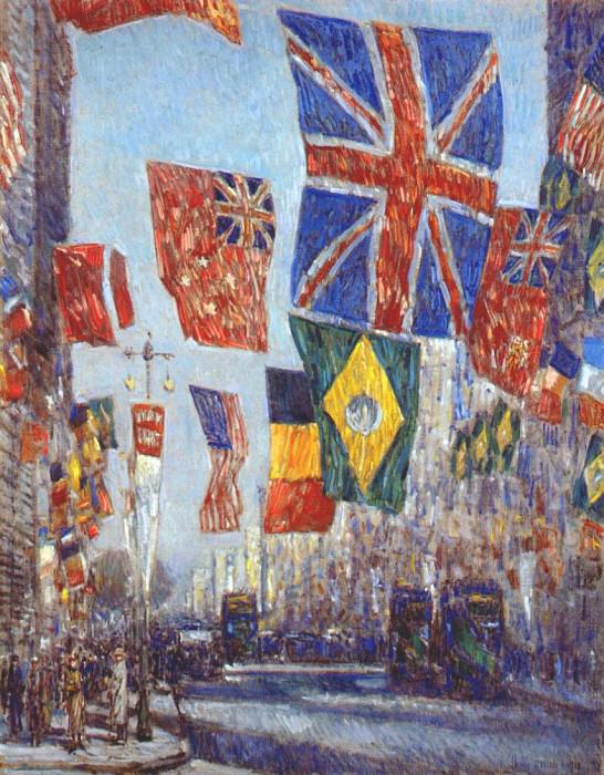 avenue of the allies (flags of uk and dominions, brazil and belgium behind) 1918. Childe Frederick Hassam