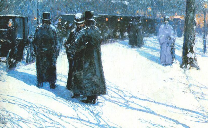 cab stand at night, madison square, new york 1891. Childe Frederick Hassam
