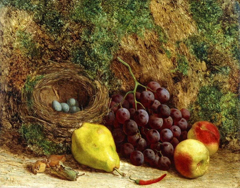 Виноград, груша, персики и птичье гнездо у мшистого берега. Уильям Хьюз