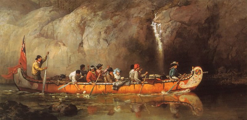 Hopkins, Frances Anne - Canoes Manned by Voyageurs Passing a Waterfall (end. Энн Фрэнсис Хопкинс