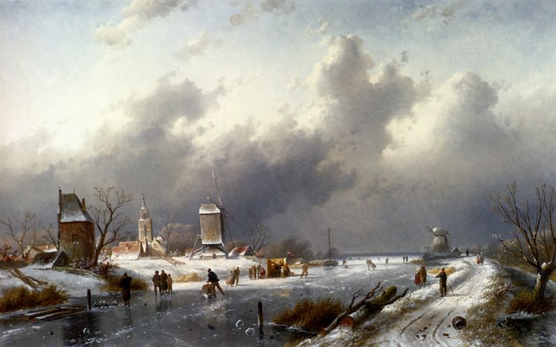 зимний пейзаж с Конькобежцами. Шарль Анри Жозеф Лейкерт