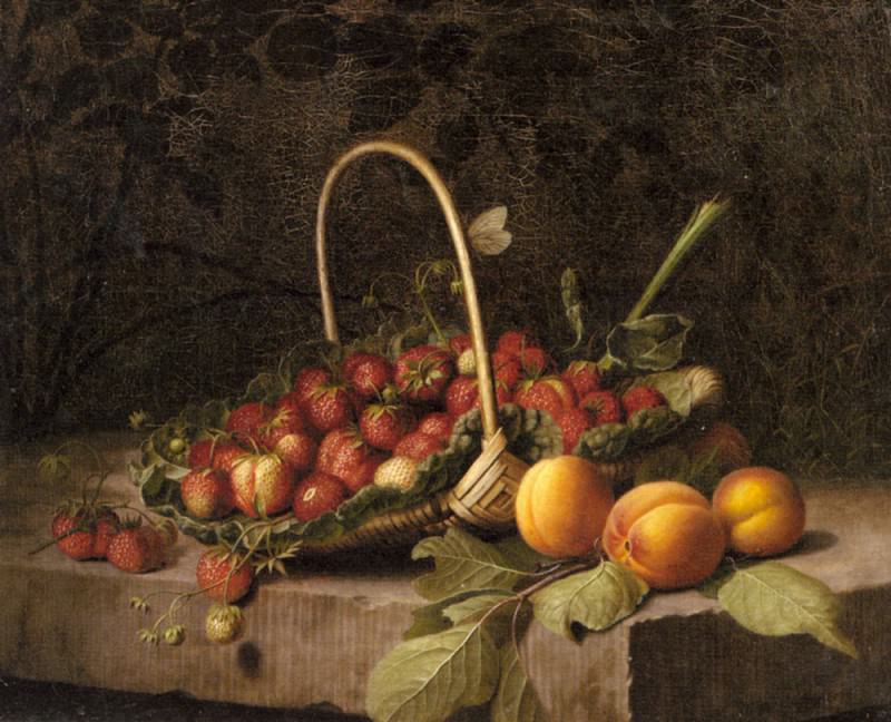 Hammer William A Basket Of Strawberries And Peaches On A Stone Ledge. William Hammer