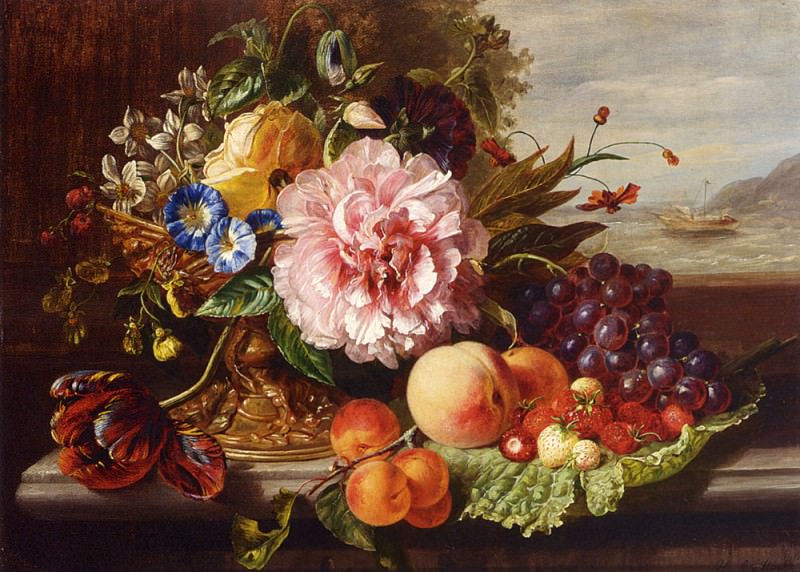 Hamburger Helen Augusta A Still Life With Flowers And Fruit. Хелен Огаста Гамбургер