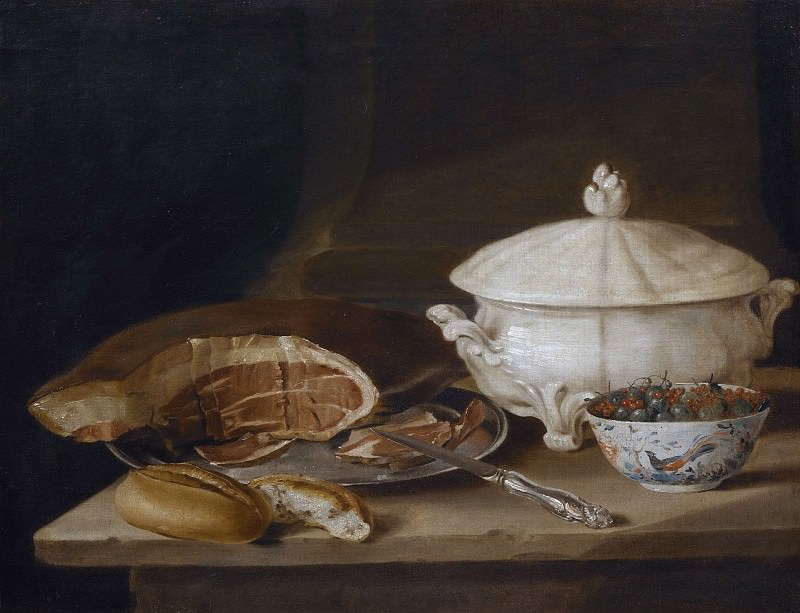 Still Life with Ham on a Pewter Dish, a Faience Set and a Bowl of Gooseberries and Red Currants. Pehr Hilleström
