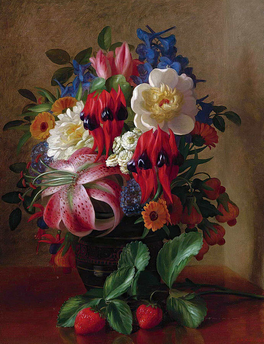 Still Life With Flowers And Strawberries. George Henry Hall