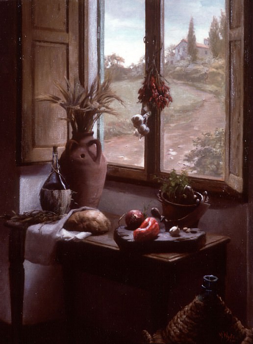 Still Life with a View Interior with Landscape through a Window. Maureen Hyde