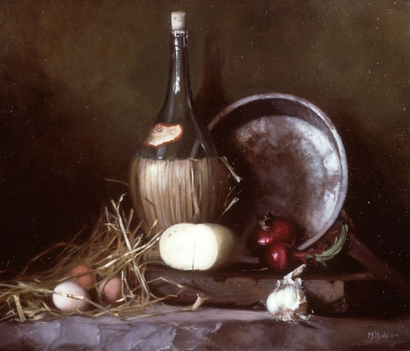 Still Life with Wine Flask Eggs and Cheese. Maureen Hyde