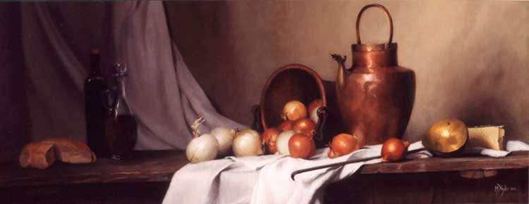 Hyde Still Life with Bread onions and Brass Water Jug. Maureen Hyde