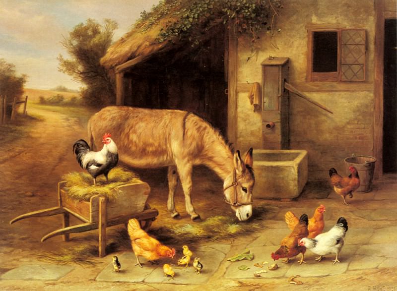 A Donkey And Chickens Outside A Stable. Edgar Hunt