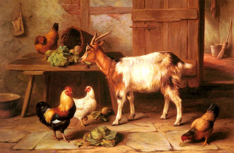 Goat And Chickens Feeding In A Cottage Interior. Edgar Hunt