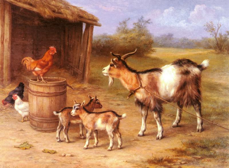 A farmyard Scene With Goats And Chickens. Edgar Hunt
