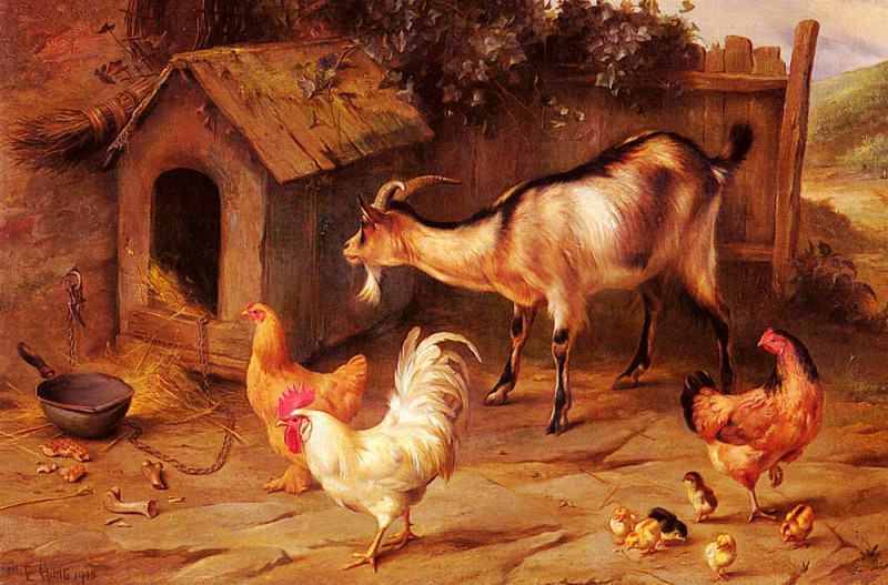 Fowl Chicks And Goats By A Dog Kennel. Edgar Hunt